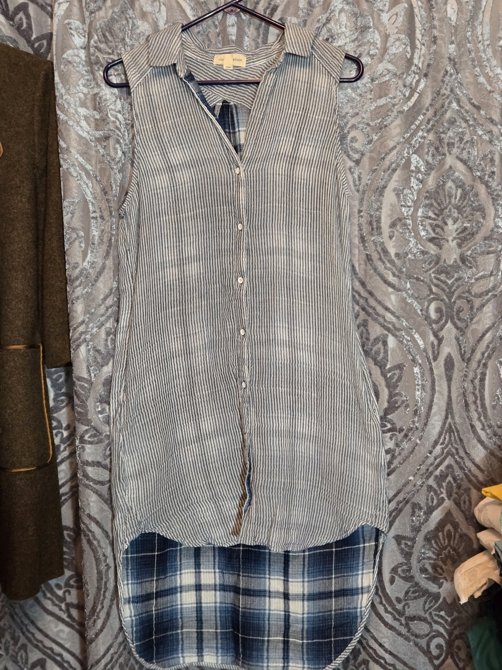 cloth & stone Blue Striped Sleeveless Dress with Plaid Lining